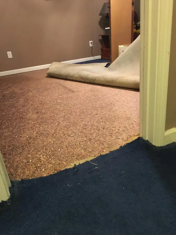 Carpet pad removal revealing water damage during Water Mitigation Services in South Hill